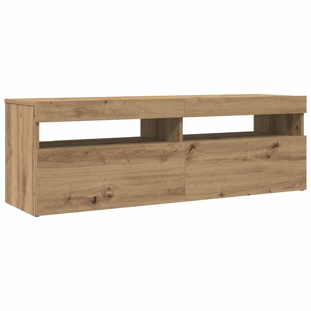 kézműves tölgy szerelt fa TV-szekrény LED-ekkel 120x35x40 cm