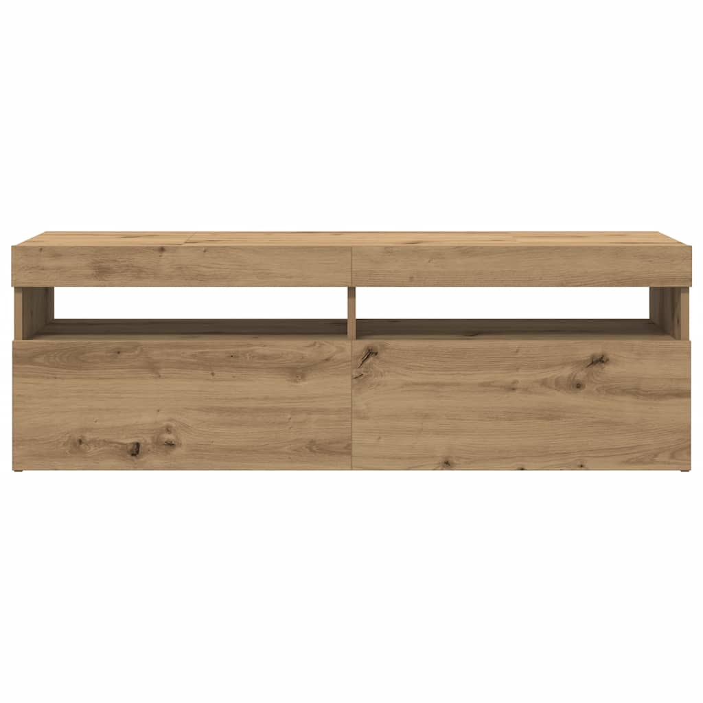 kézműves tölgy szerelt fa TV-szekrény LED-ekkel 120x35x40 cm