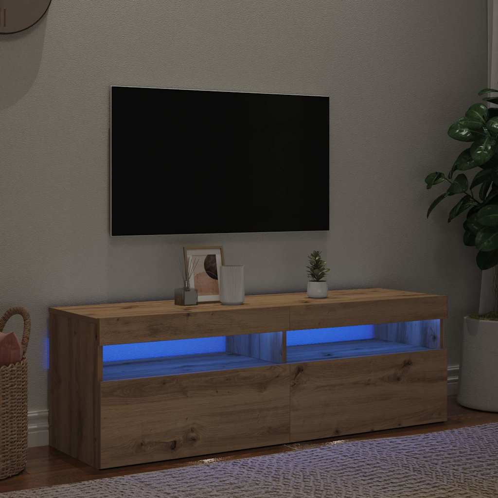 kézműves tölgy szerelt fa TV-szekrény LED-ekkel 120x35x40 cm