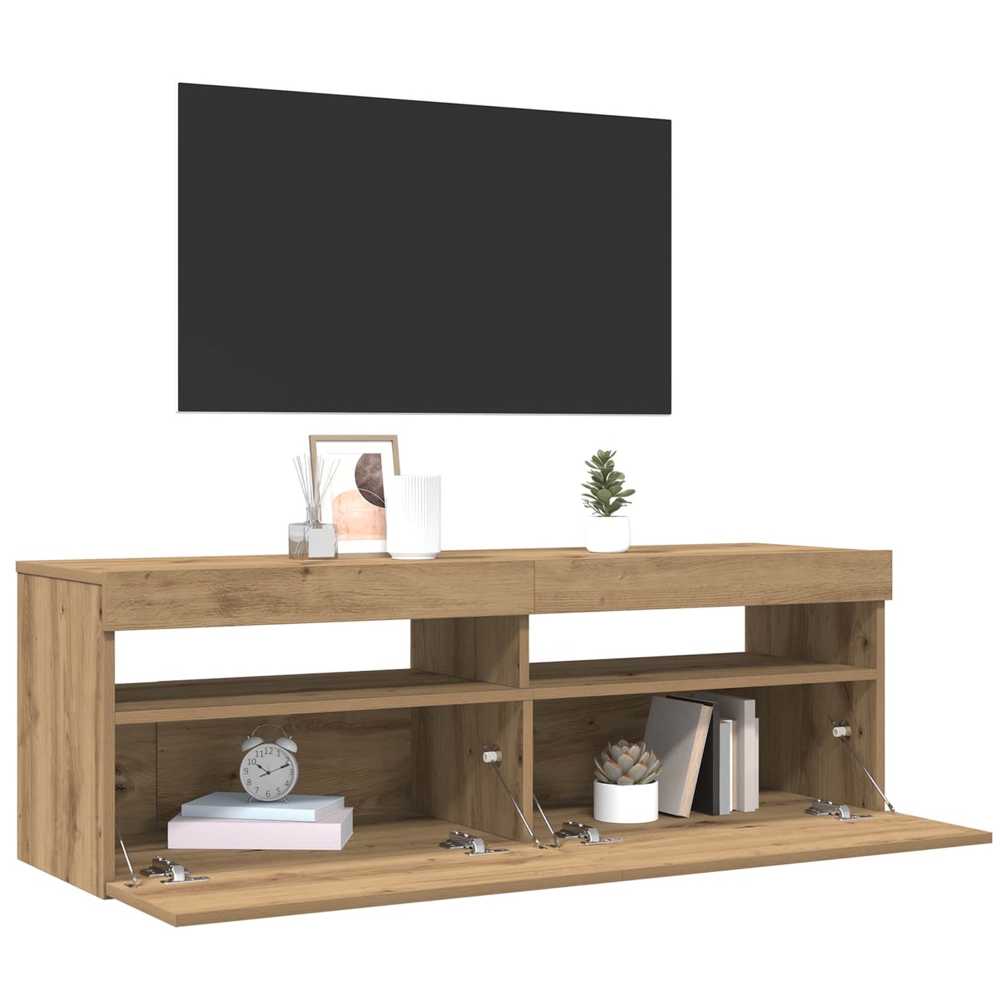 kézműves tölgy szerelt fa TV-szekrény LED-ekkel 120x35x40 cm