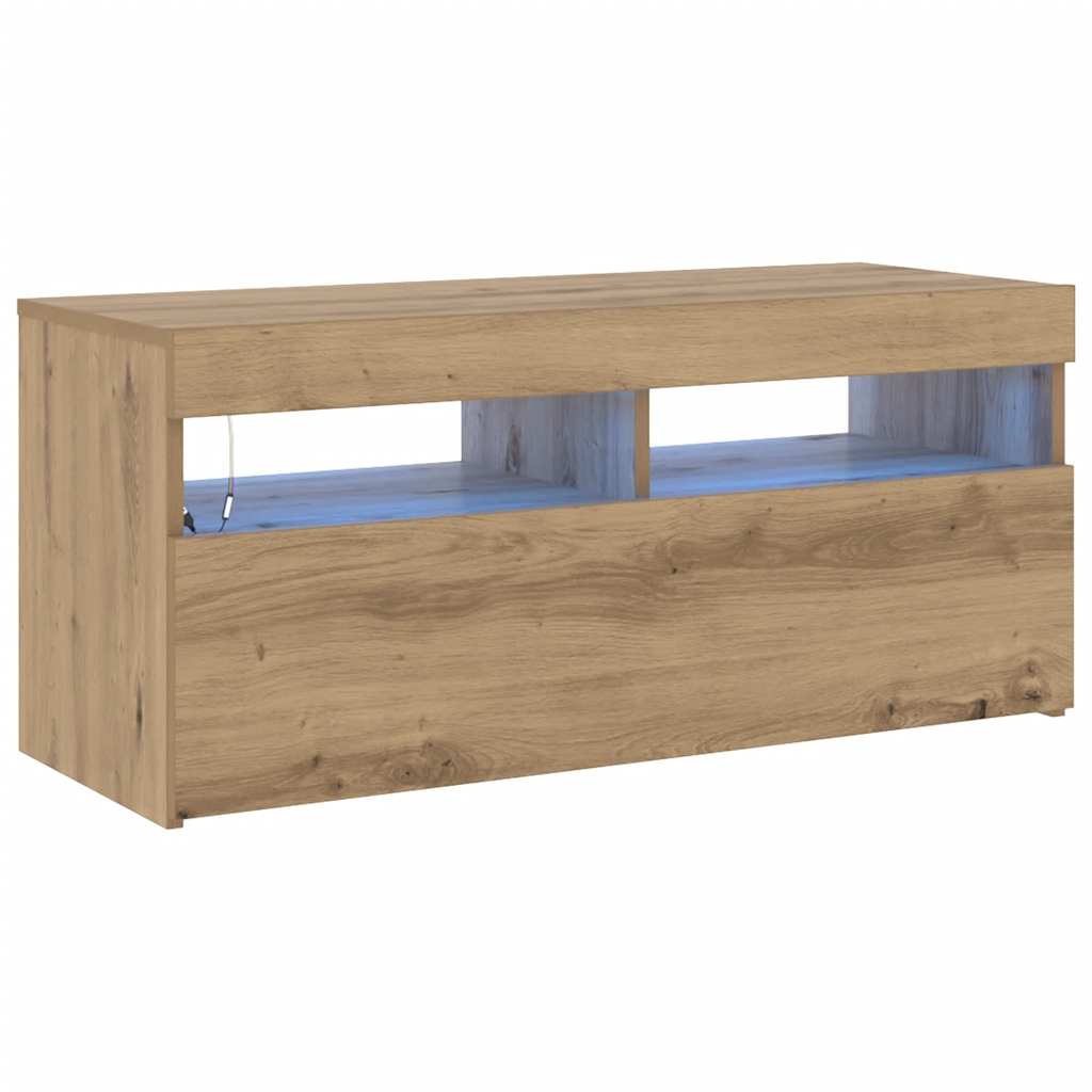 kézműves tölgy szerelt fa TV-szekrény LED-ekkel 90x35x40 cm