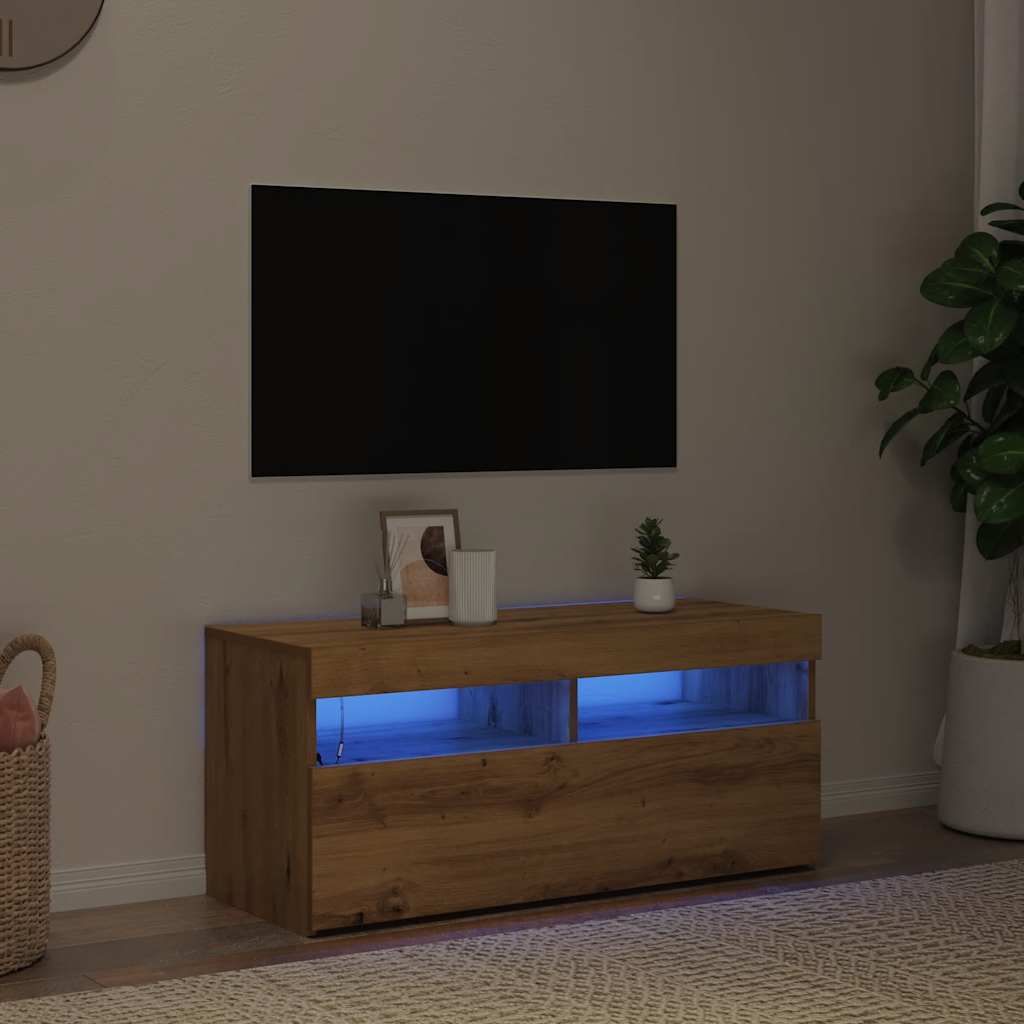 kézműves tölgy szerelt fa TV-szekrény LED-ekkel 90x35x40 cm