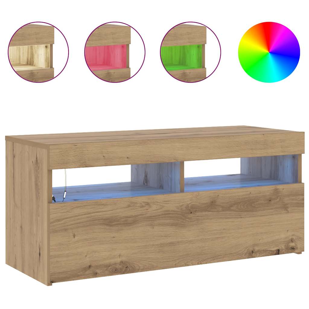 kézműves tölgy szerelt fa TV-szekrény LED-ekkel 90x35x40 cm
