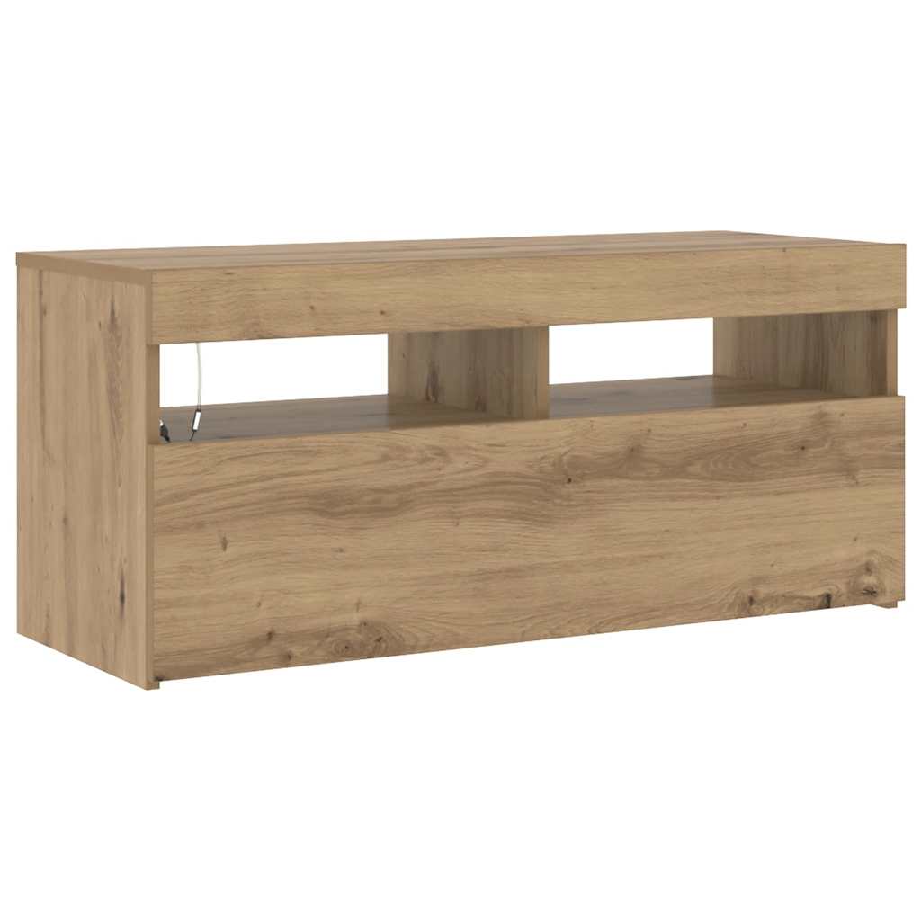 kézműves tölgy szerelt fa TV-szekrény LED-ekkel 90x35x40 cm