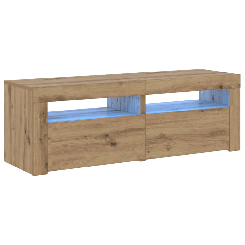kézműves tölgy szerelt fa TV-szekrény LED-ekkel 120x35x40 cm