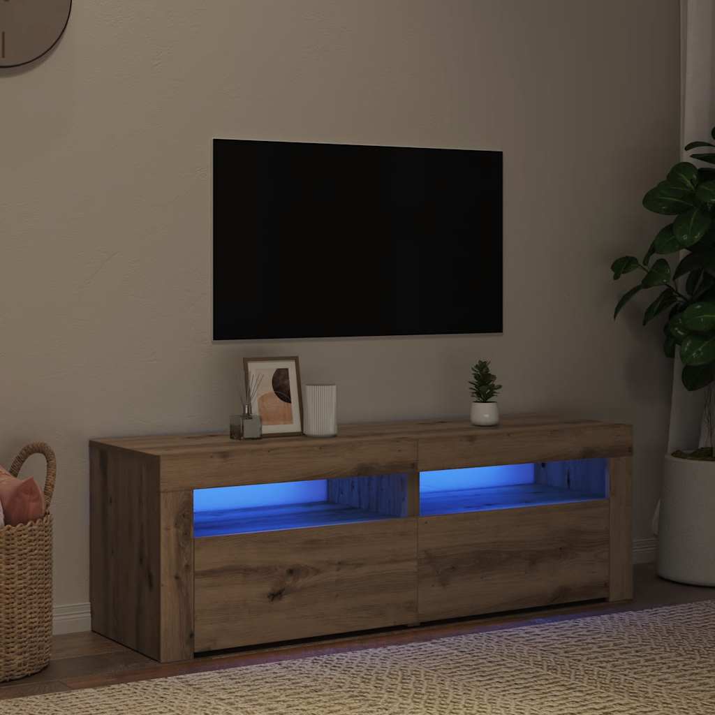 kézműves tölgy szerelt fa TV-szekrény LED-ekkel 120x35x40 cm