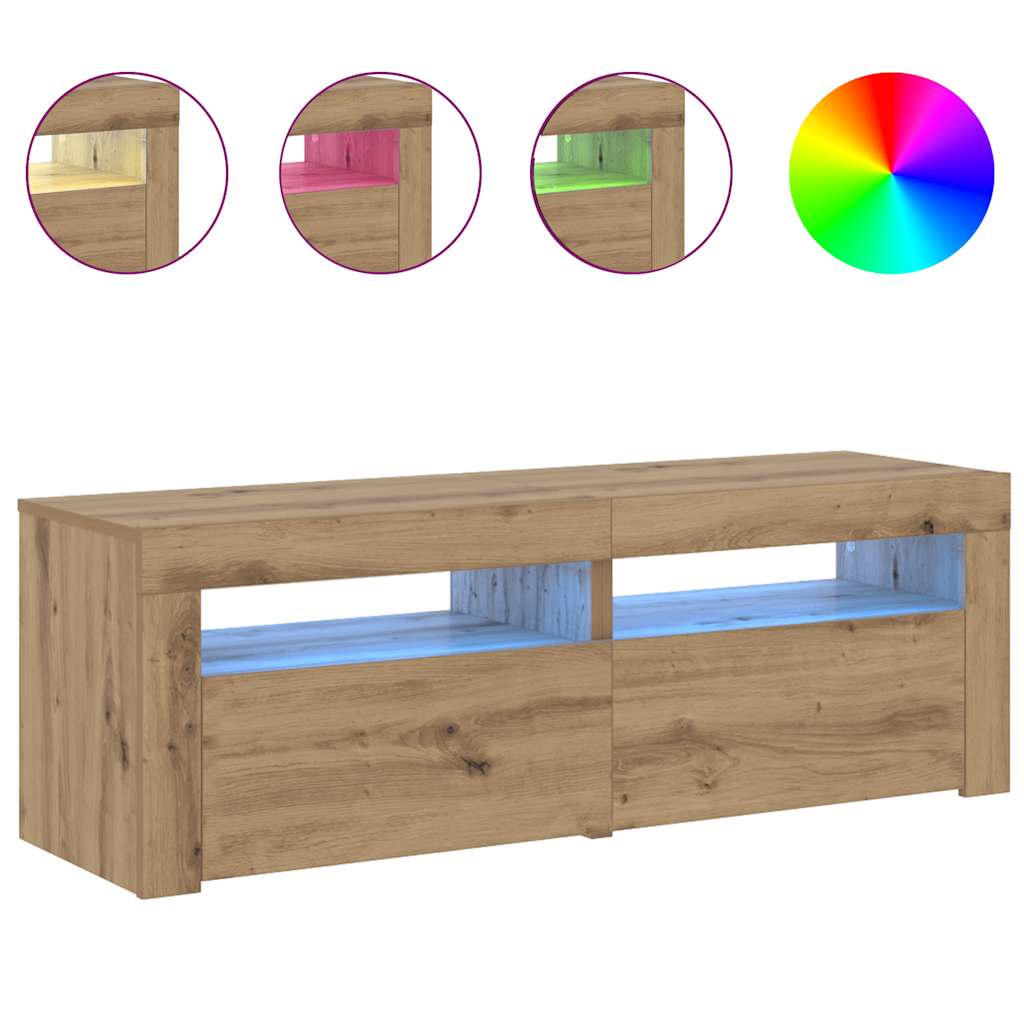 kézműves tölgy szerelt fa TV-szekrény LED-ekkel 120x35x40 cm