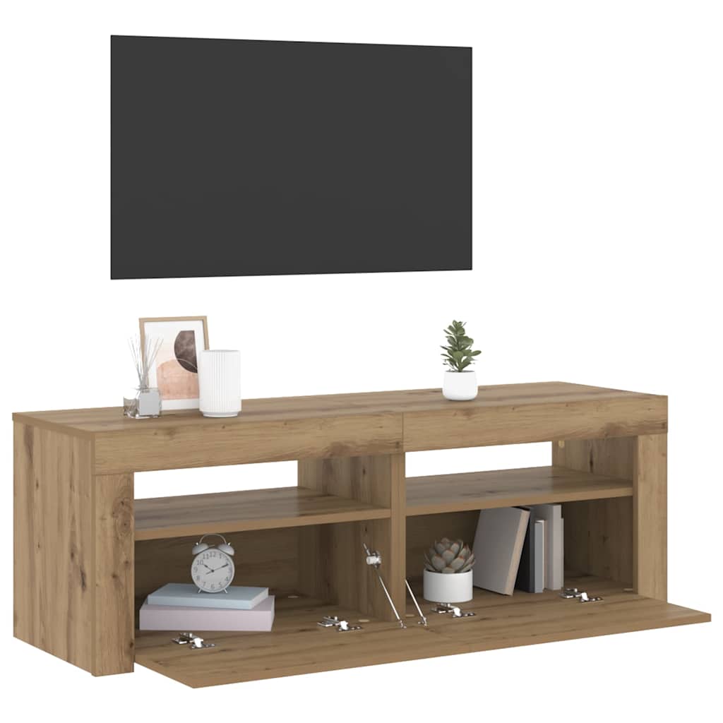 kézműves tölgy szerelt fa TV-szekrény LED-ekkel 120x35x40 cm