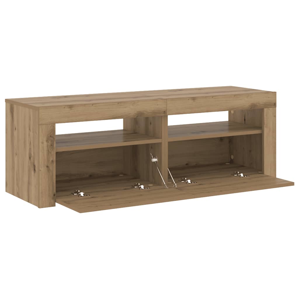 kézműves tölgy szerelt fa TV-szekrény LED-ekkel 120x35x40 cm