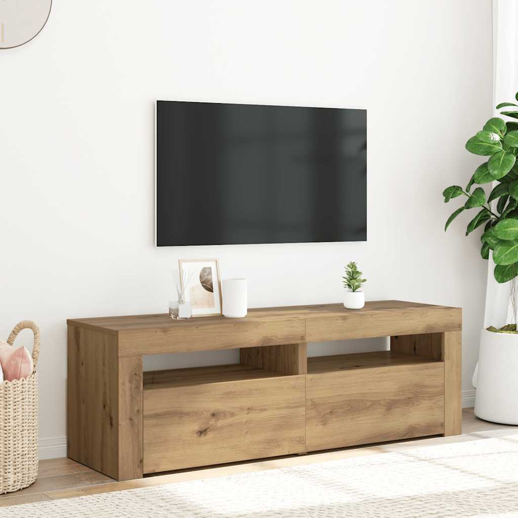 kézműves tölgy szerelt fa TV-szekrény LED-ekkel 120x35x40 cm