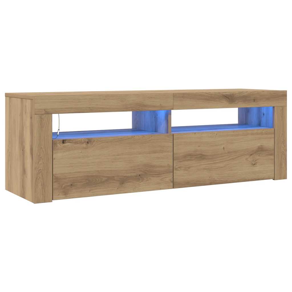 kézműves tölgy szerelt fa TV-szekrény LED-ekkel 120x35x40 cm