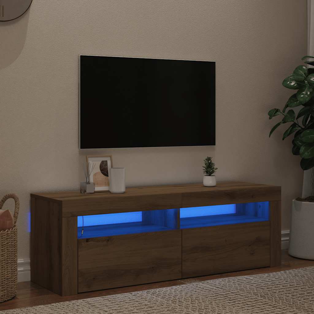 kézműves tölgy szerelt fa TV-szekrény LED-ekkel 120x35x40 cm