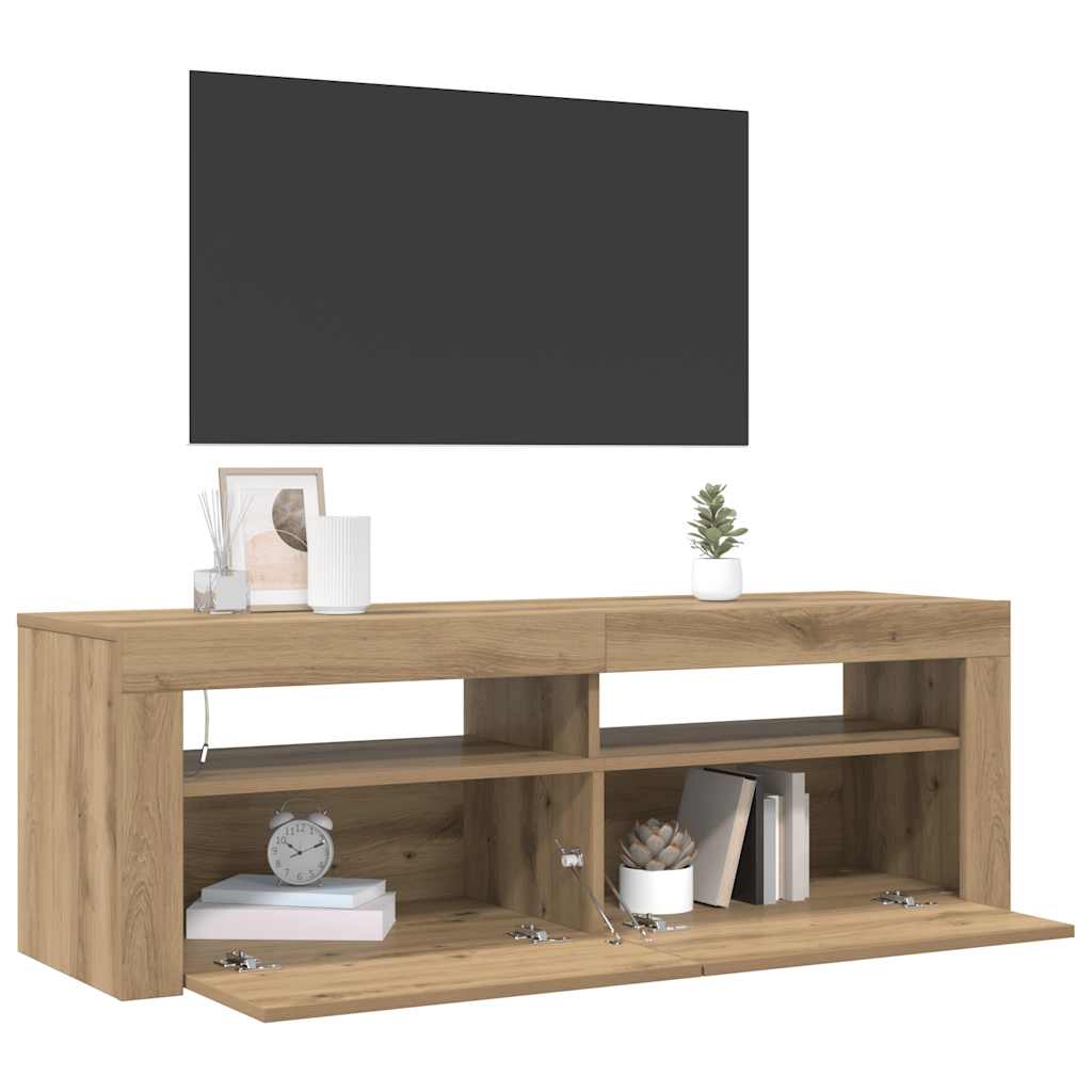 kézműves tölgy szerelt fa TV-szekrény LED-ekkel 120x35x40 cm