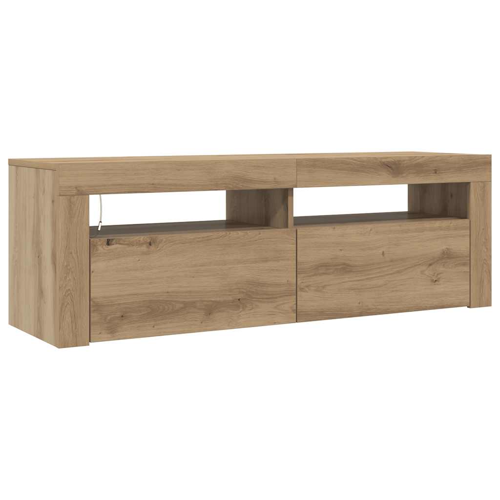 kézműves tölgy szerelt fa TV-szekrény LED-ekkel 120x35x40 cm