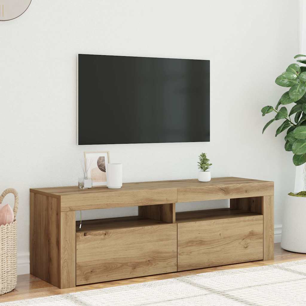 kézműves tölgy szerelt fa TV-szekrény LED-ekkel 120x35x40 cm