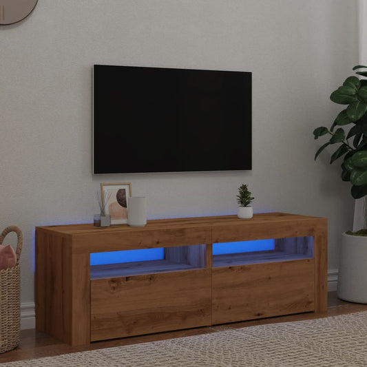 kézműves tölgy szerelt fa TV-szekrény LED-ekkel 120x35x40 cm