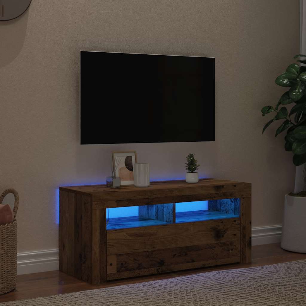 antik fa színű szerelt fa TV-szekrény LED-ekkel 90x35x40 cm