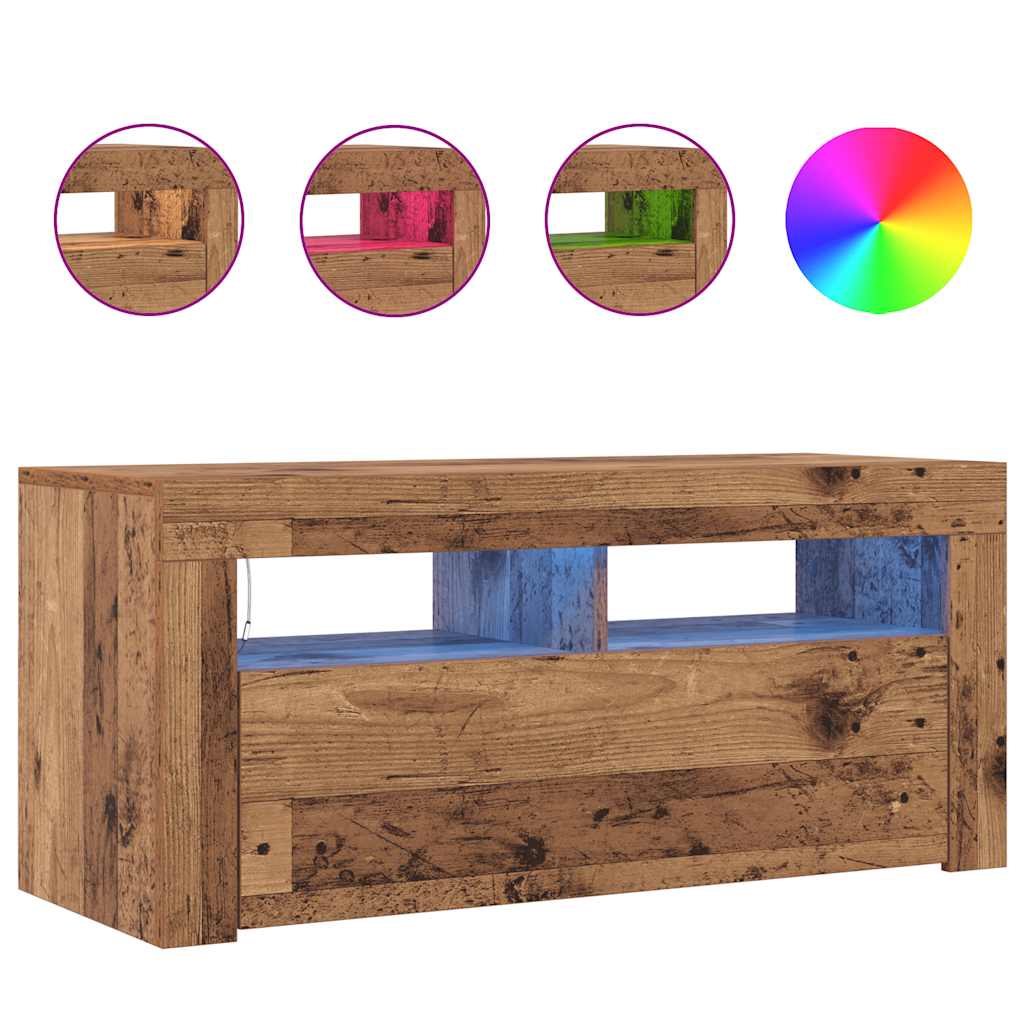 antik fa színű szerelt fa TV-szekrény LED-ekkel 90x35x40 cm