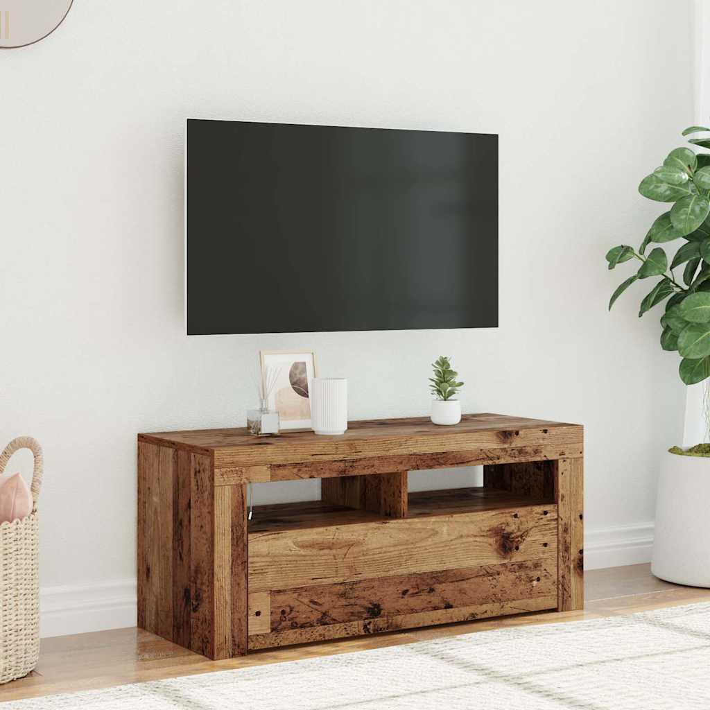 antik fa színű szerelt fa TV-szekrény LED-ekkel 90x35x40 cm