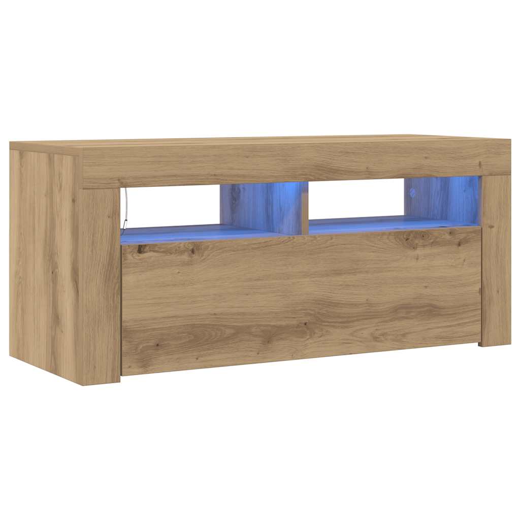 kézműves tölgy szerelt fa TV-szekrény LED-ekkel 90x35x40 cm