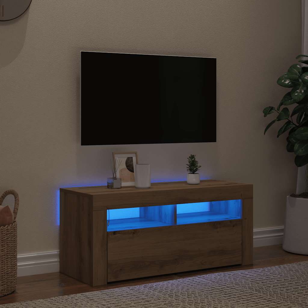 kézműves tölgy szerelt fa TV-szekrény LED-ekkel 90x35x40 cm