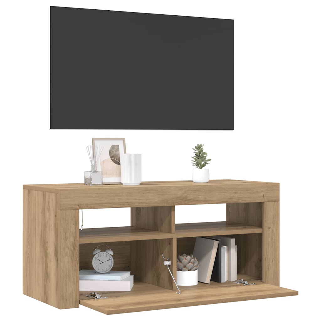 kézműves tölgy szerelt fa TV-szekrény LED-ekkel 90x35x40 cm