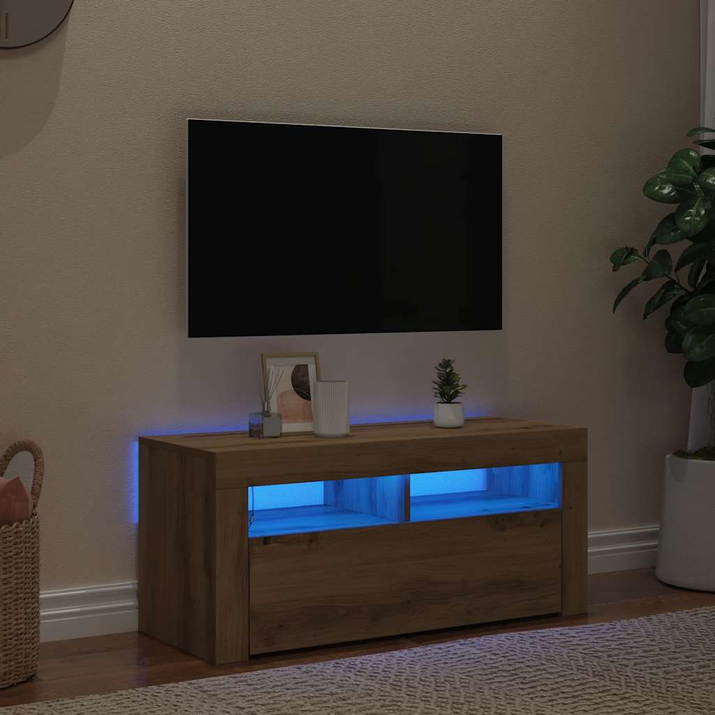 kézműves tölgy szerelt fa TV-szekrény LED-ekkel 90x35x40 cm