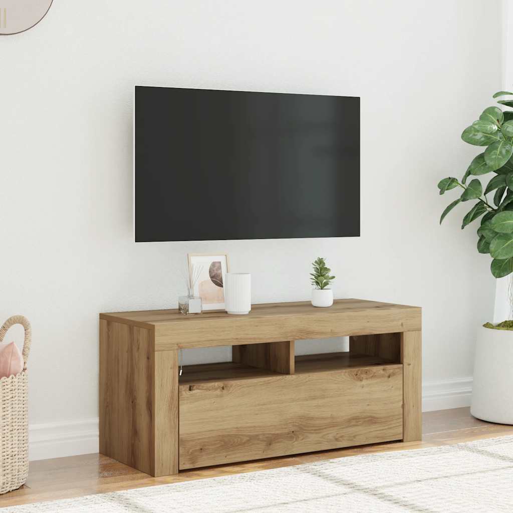 kézműves tölgy szerelt fa TV-szekrény LED-ekkel 90x35x40 cm
