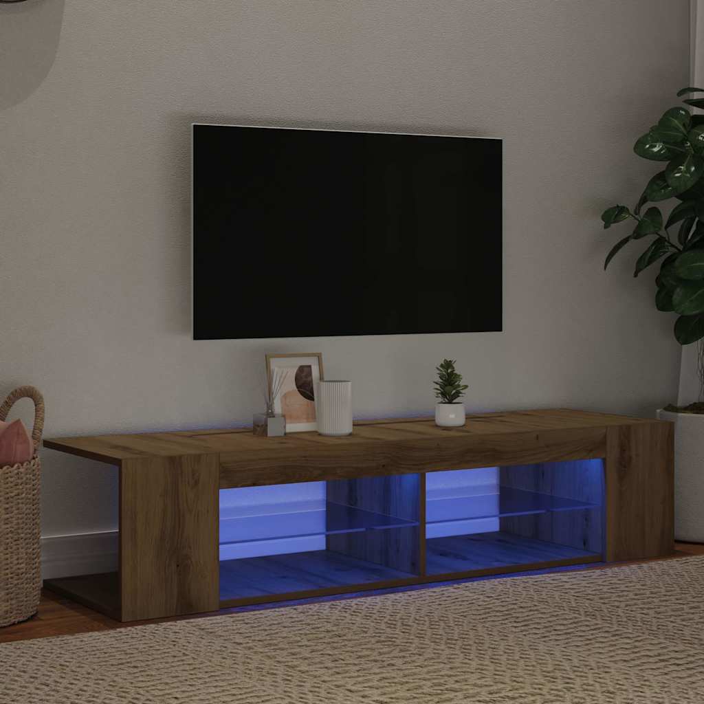 kézműves tölgy szerelt fa TV-szekrény LED-ekkel 135x39x30 cm