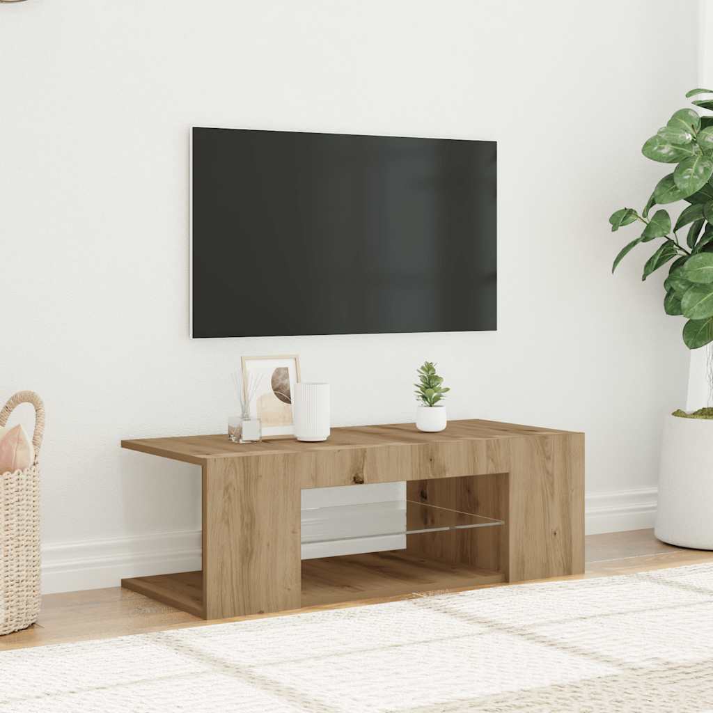 kézműves tölgy szerelt fa TV-szekrény LED-ekkel 90x39x30 cm