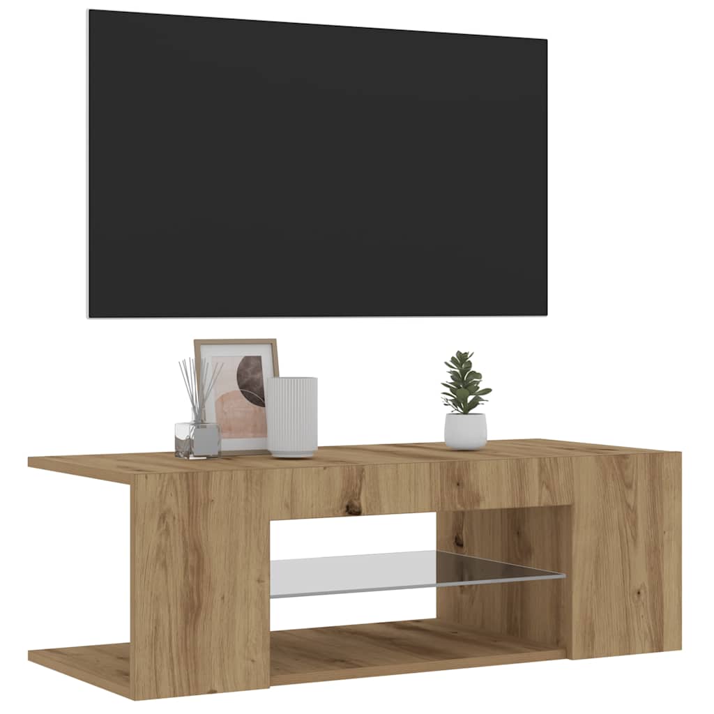 kézműves tölgy szerelt fa TV-szekrény LED-ekkel 90x39x30 cm