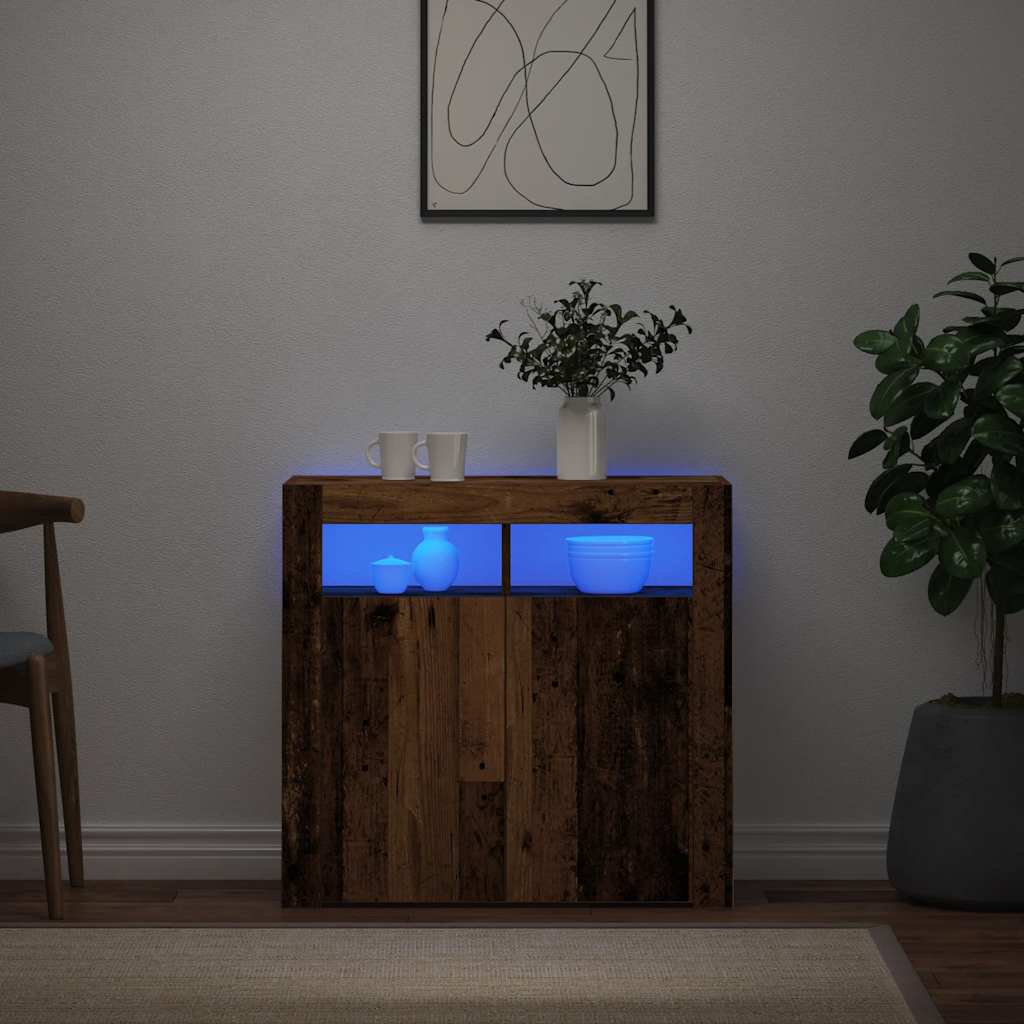 antik fa színű szerelt fa tálalószekrény LED-ekkel 80x35x75 cm