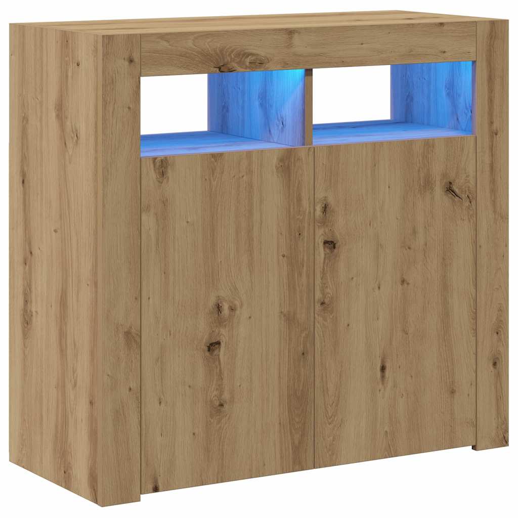 kézműves tölgy szerelt fa tálalószekrény LED-ekkel 80x35x75 cm