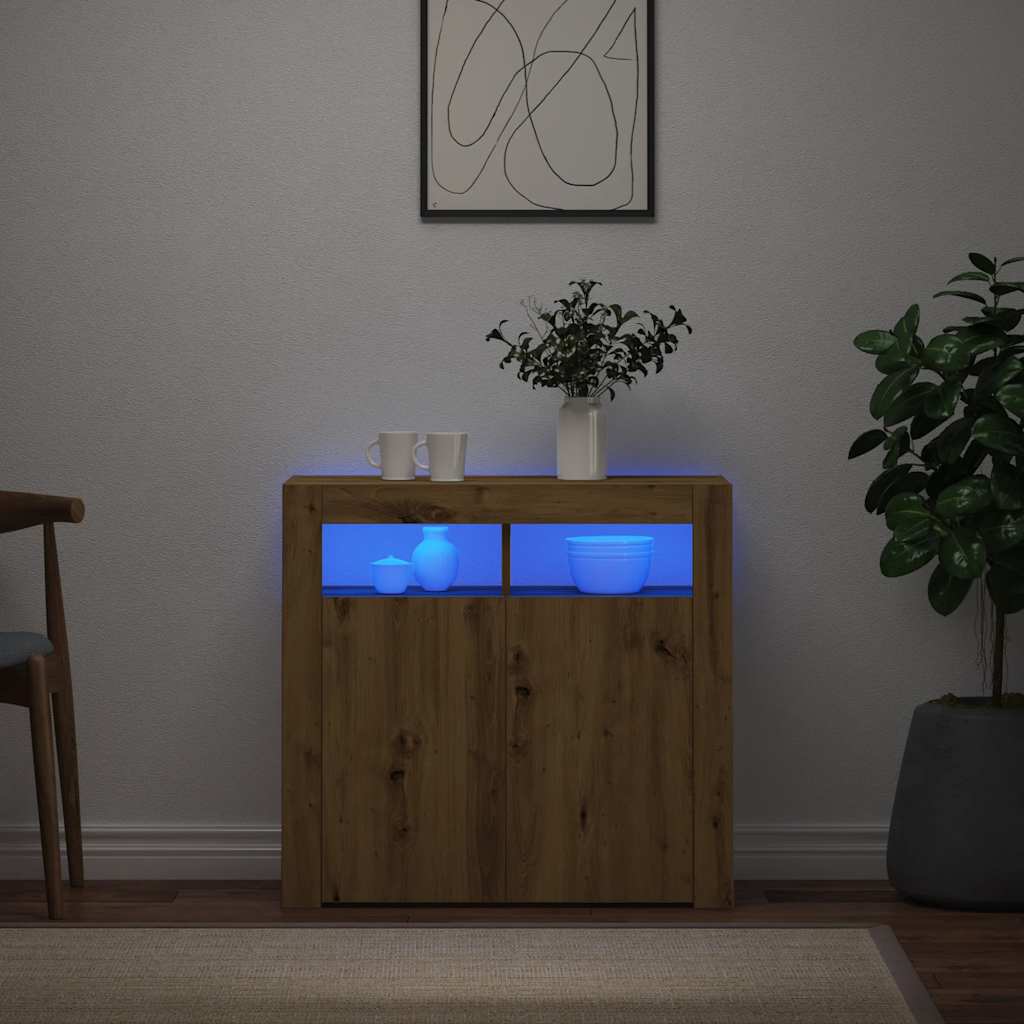 kézműves tölgy szerelt fa tálalószekrény LED-ekkel 80x35x75 cm