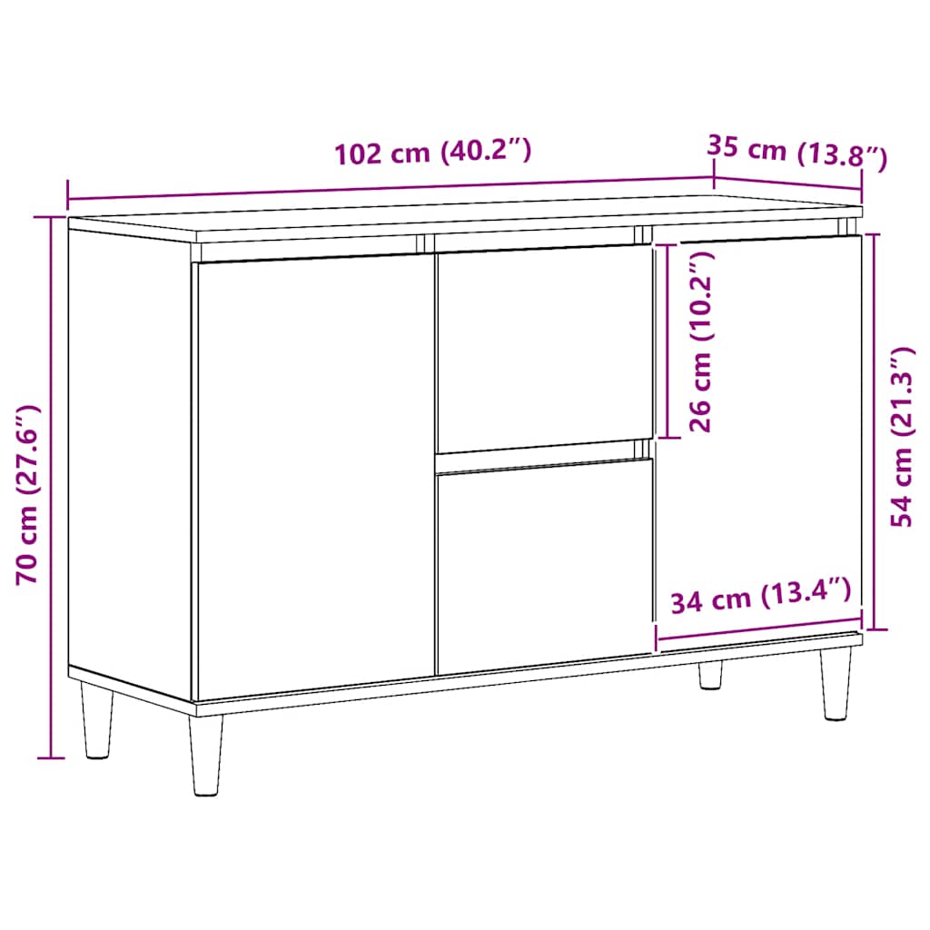 kézműves tölgy színű szerelt fa tálalószekrény 102 x 35 x 70 cm