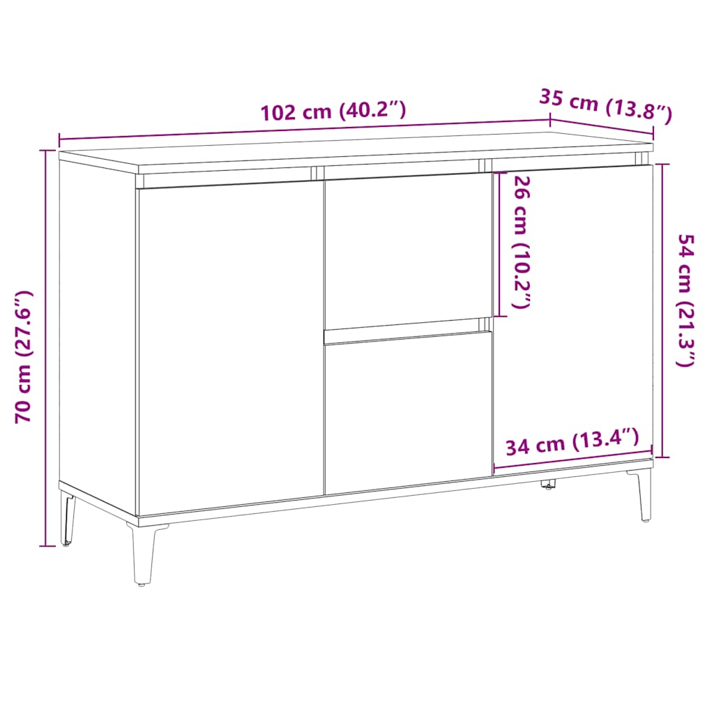 kézműves tölgy színű szerelt fa tálalószekrény 102 x 35 x 70 cm