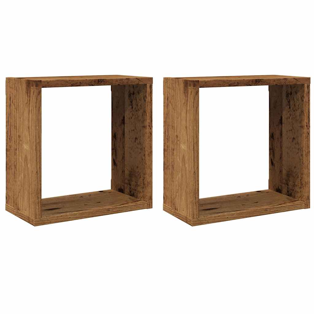 2 db antik fa színű szerelt fa fali kockapolc 30x15x30 cm