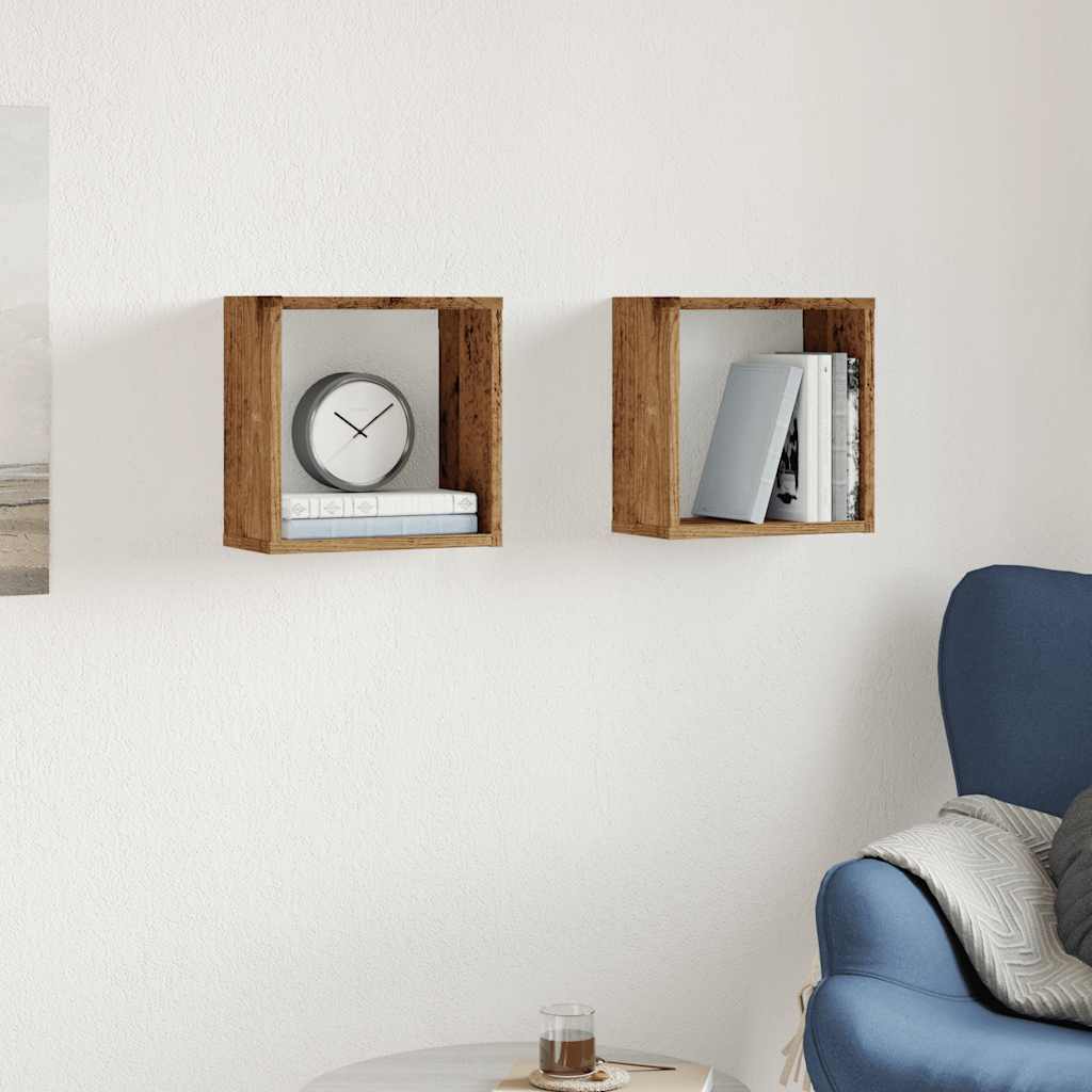 2 db antik fa színű szerelt fa fali kockapolc 30x15x30 cm