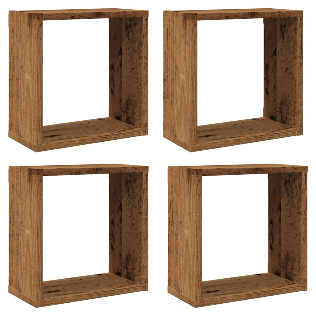 4 db antik fa színű szerelt fa fali kockapolc 30x15x30 cm