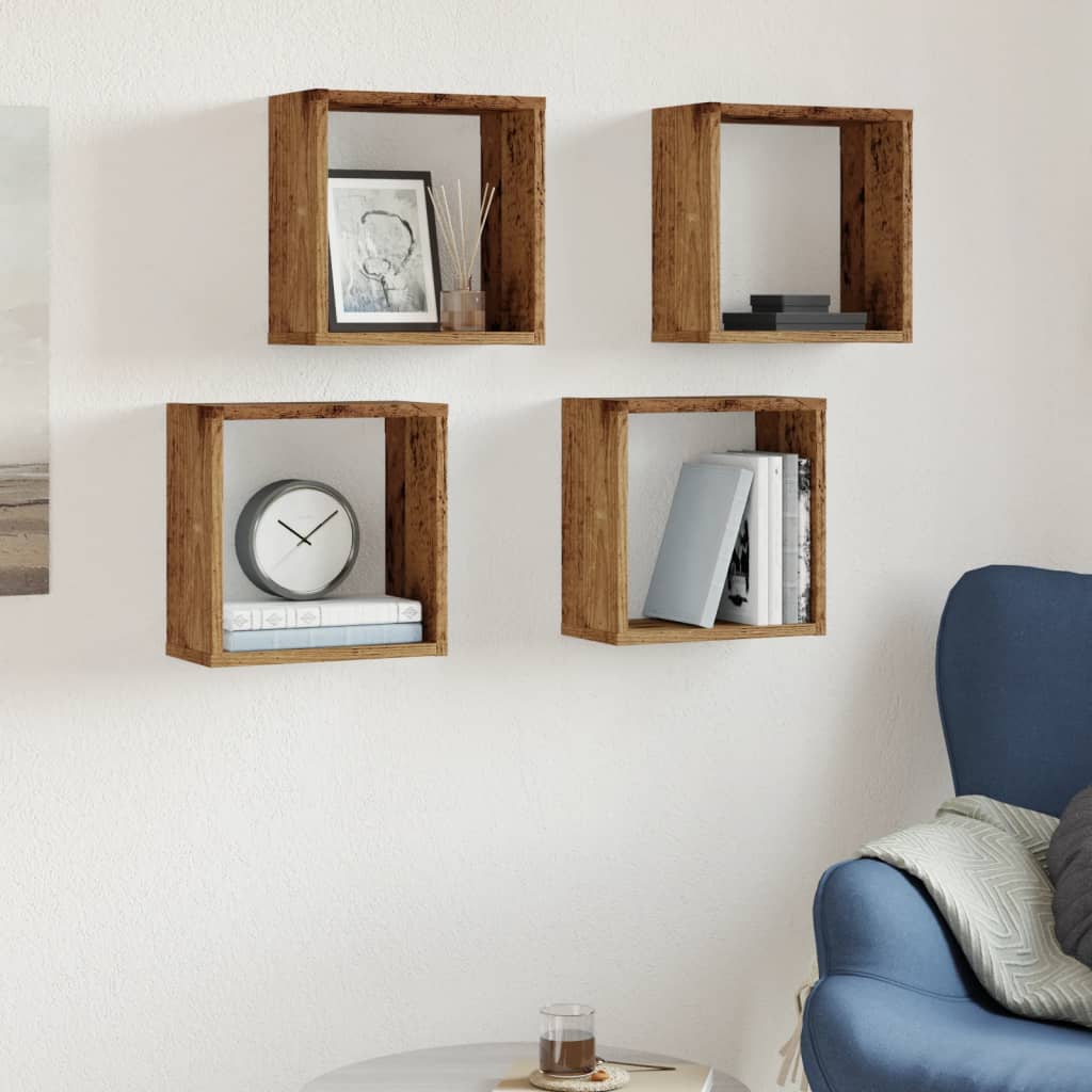4 db antik fa színű szerelt fa fali kockapolc 30x15x30 cm