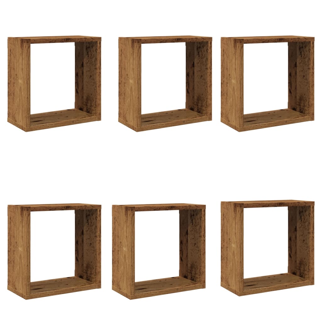 6 db antik fa színű szerelt fa fali kockapolc 30x15x30 cm
