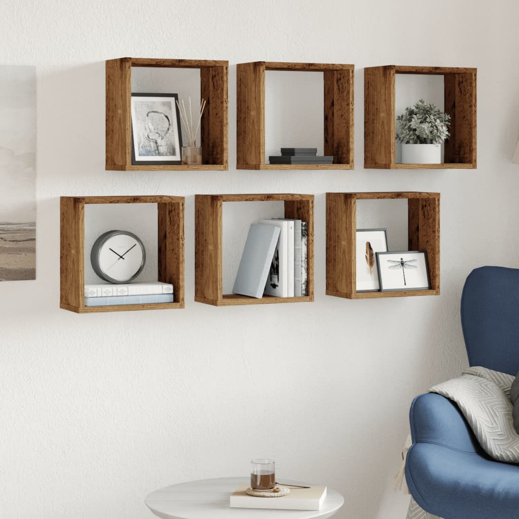 6 db antik fa színű szerelt fa fali kockapolc 30x15x30 cm