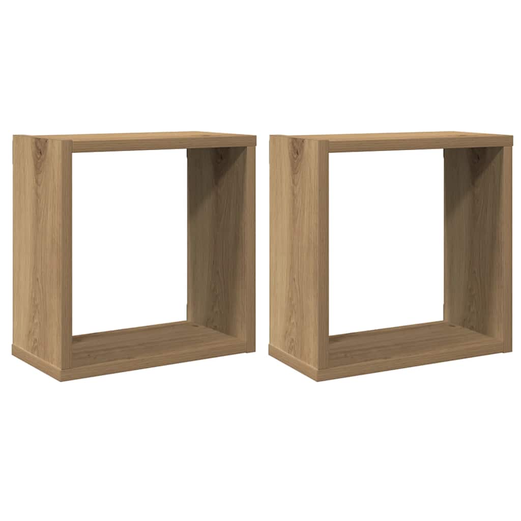 2 db kézműves tölgyszínű szerelt fa fali kockapolc 30x15x30 cm