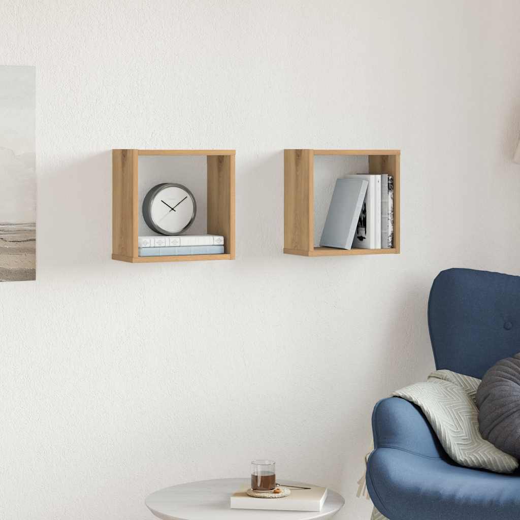 2 db kézműves tölgyszínű szerelt fa fali kockapolc 30x15x30 cm