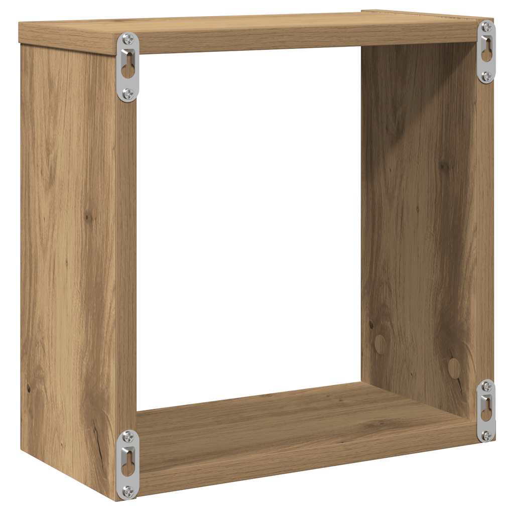 2 db kézműves tölgyszínű szerelt fa fali kockapolc 30x15x30 cm