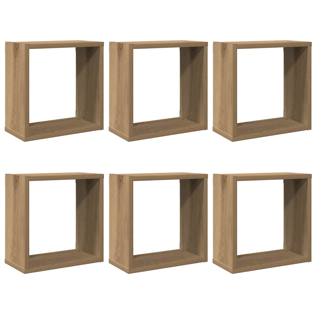 6 db kézműves tölgyszínű szerelt fa fali kockapolc 30x15x30 cm