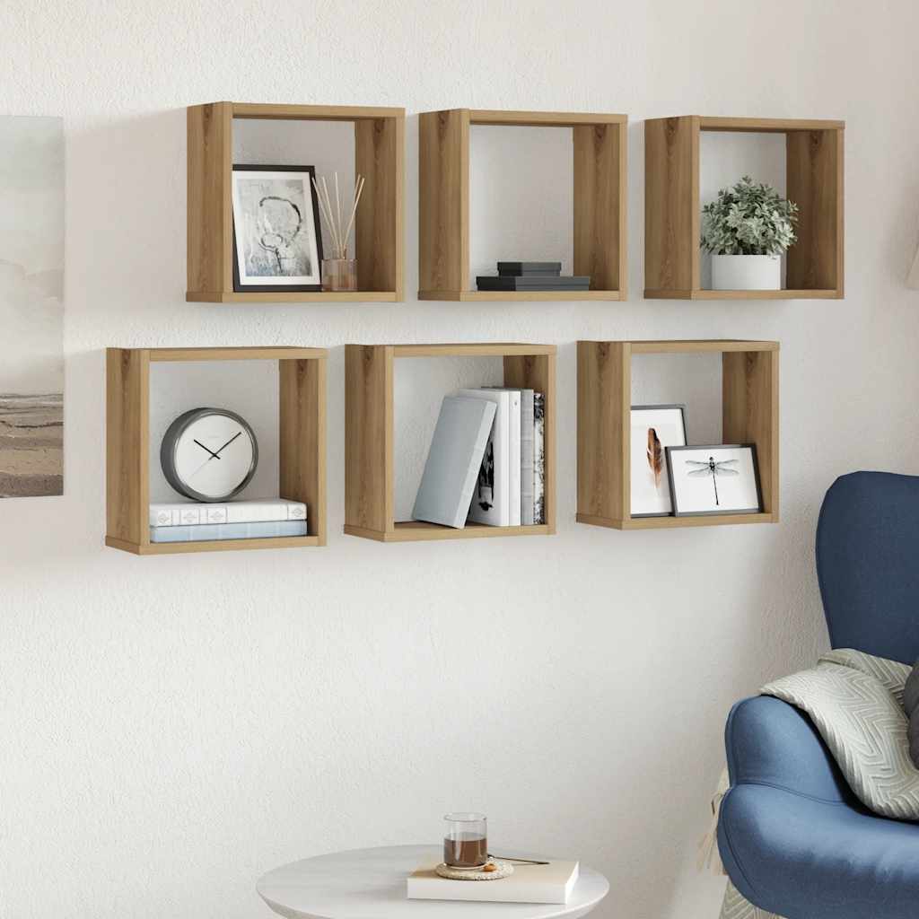 6 db kézműves tölgyszínű szerelt fa fali kockapolc 30x15x30 cm