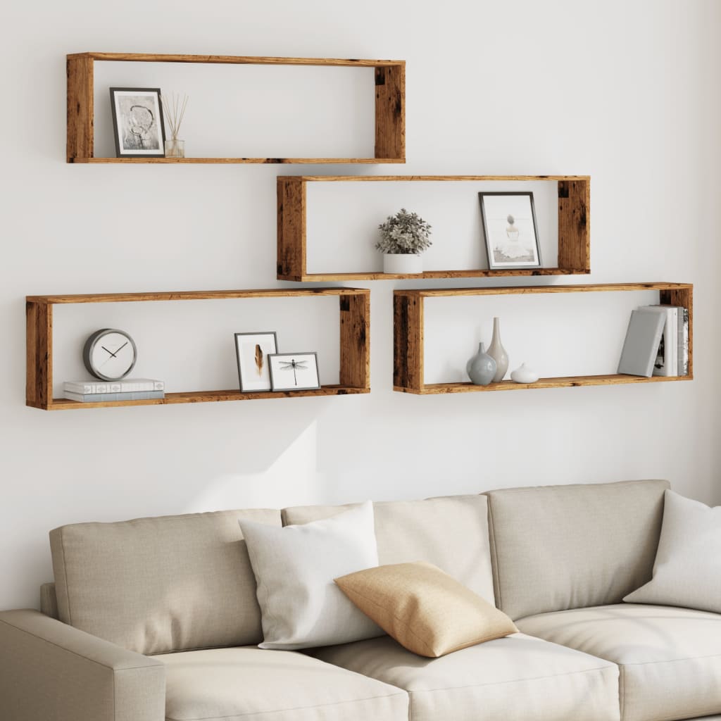 4 db antik fa színű szerelt fa fali kockapolc 100 x 15 x 30 cm
