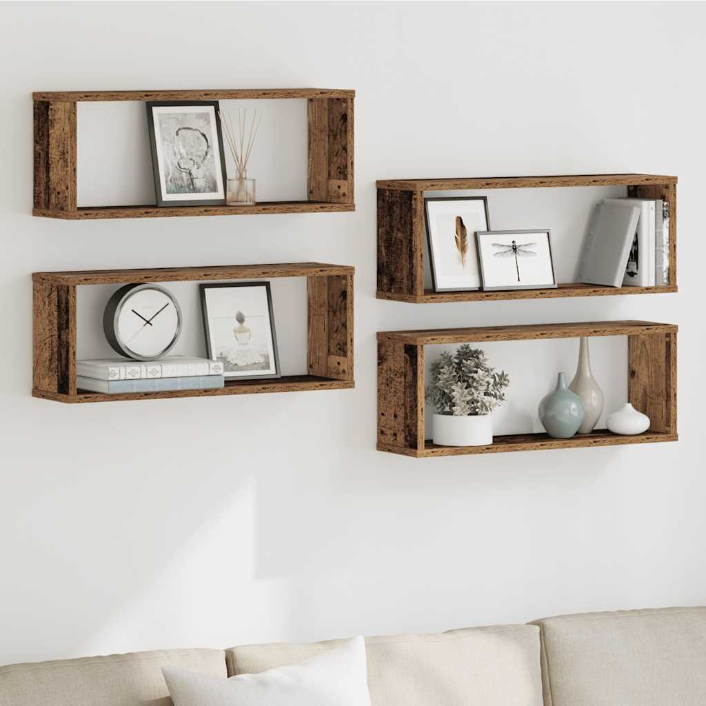 4 db antik fa színű szerelt fa fali kockapolc 60 x 15 x 23 cm