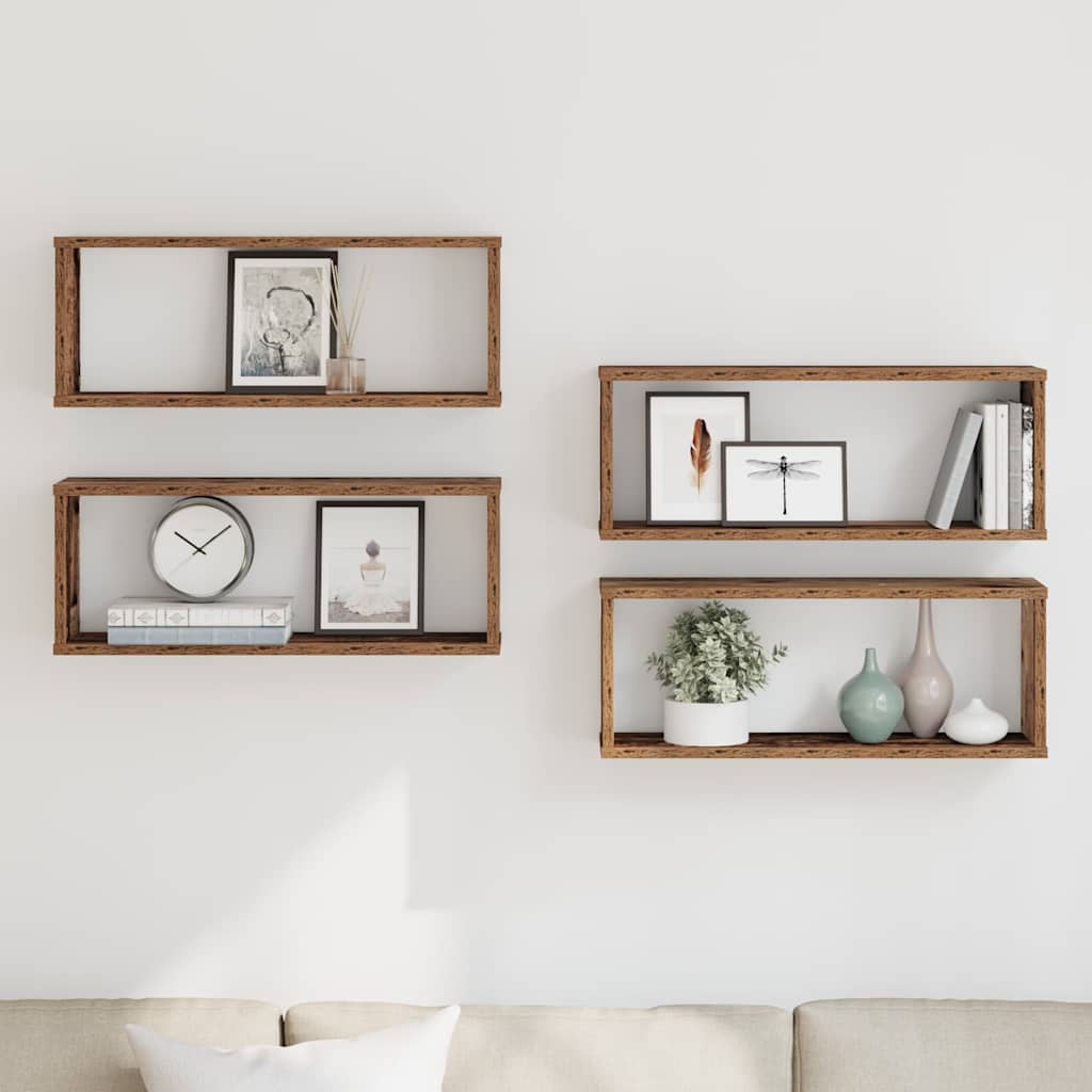 4 db antik fa színű szerelt fa fali kockapolc 60 x 15 x 23 cm
